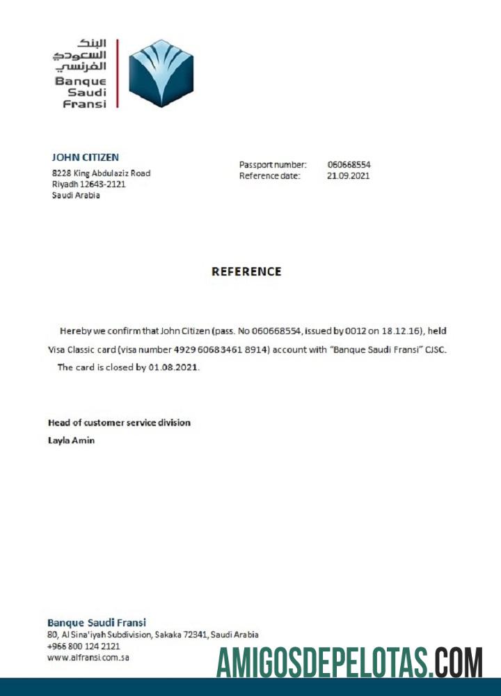 Referência de fechamento do Banque Saudi Fransi da Arábia Saudita exemplo real